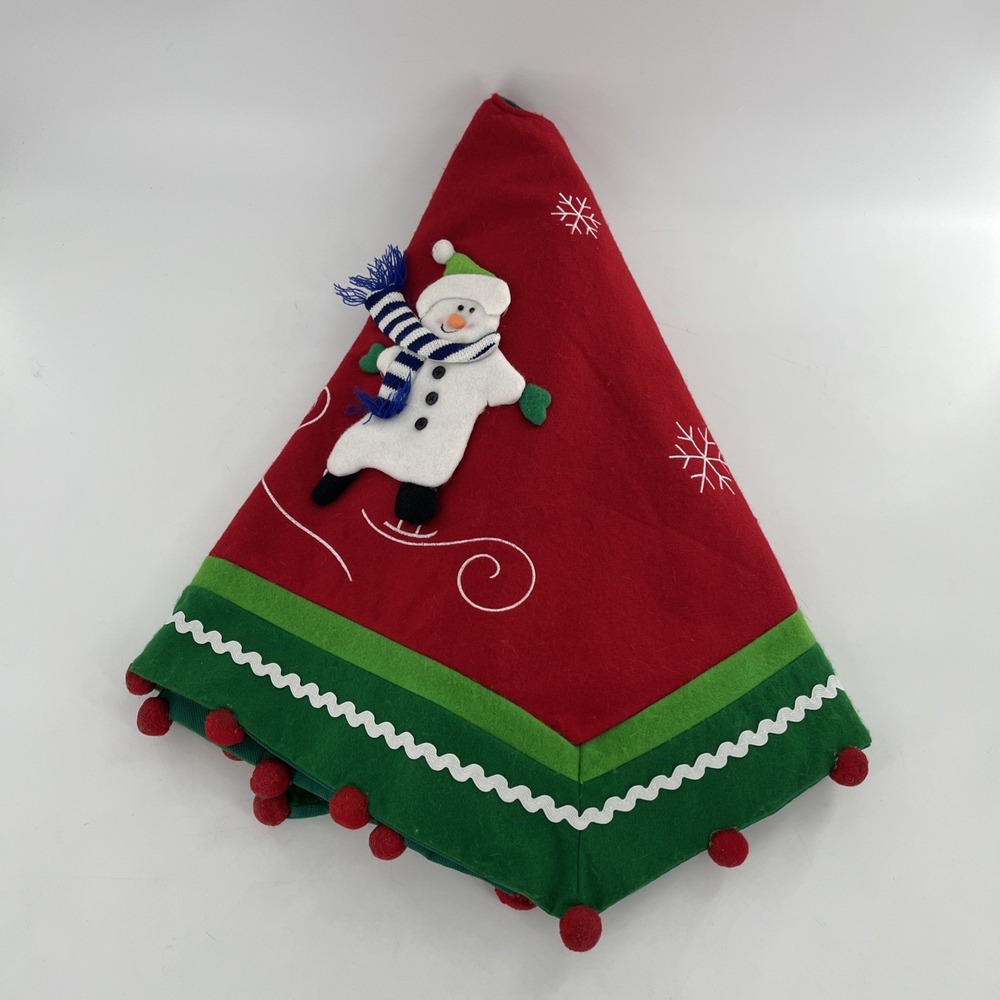 Vintage Felt Christmas Tree Skirt Table Cover 3D Snowman Pom Embroider Applique